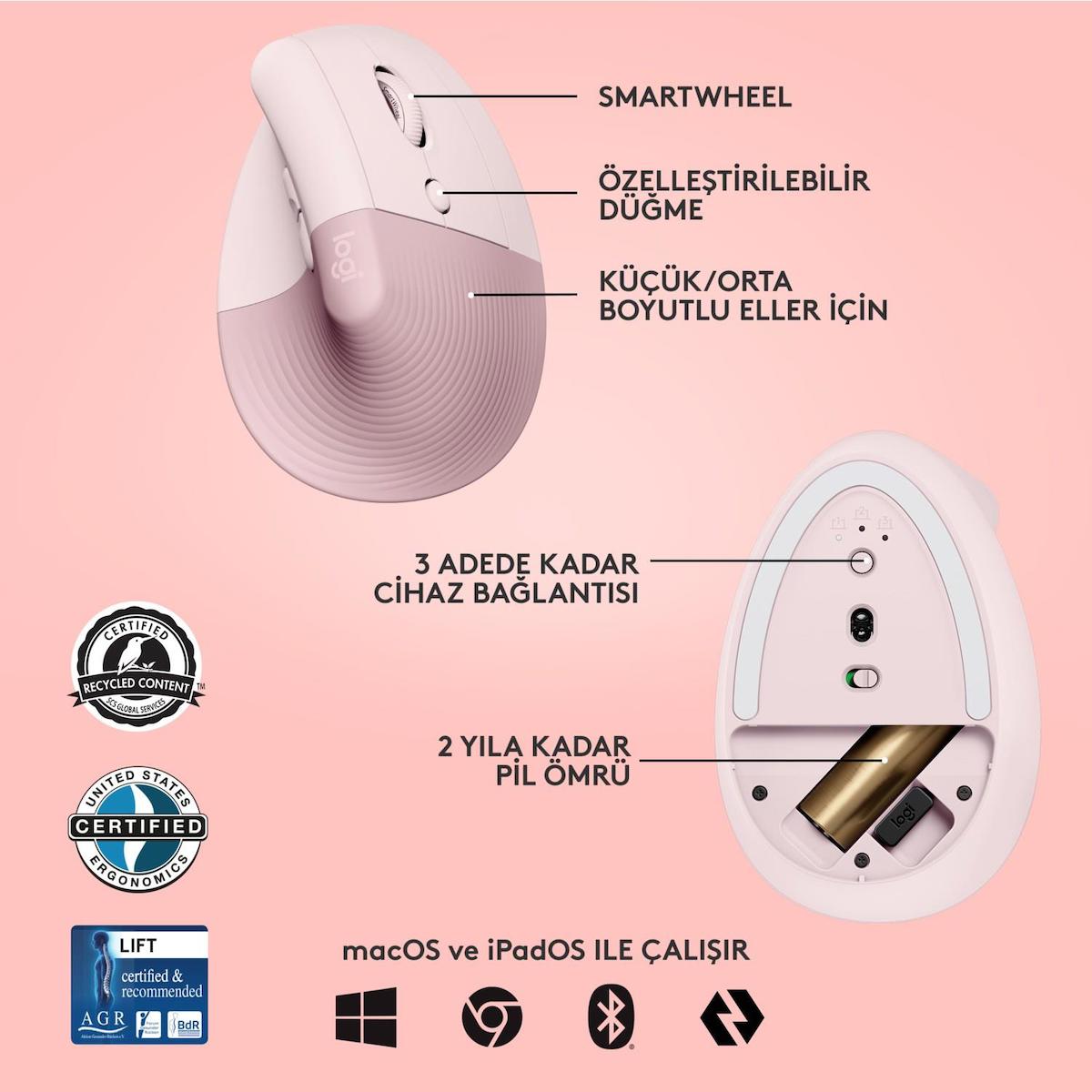 Logitech Lift Sessiz Kablosuz Ergonomik Dikey Mouse – Pembe