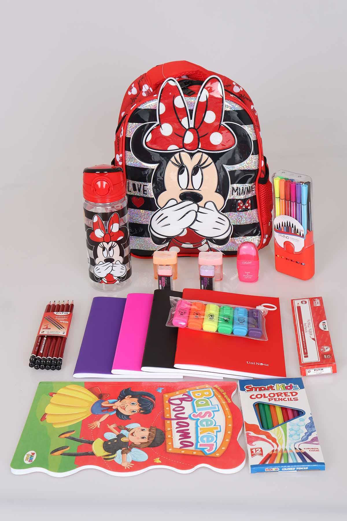 LİSANSLI MINNIE MOUSE ANAOKULU ÇANTASI ,TRITAN MATARA 500 ML VE KIRTASİYE SETİ