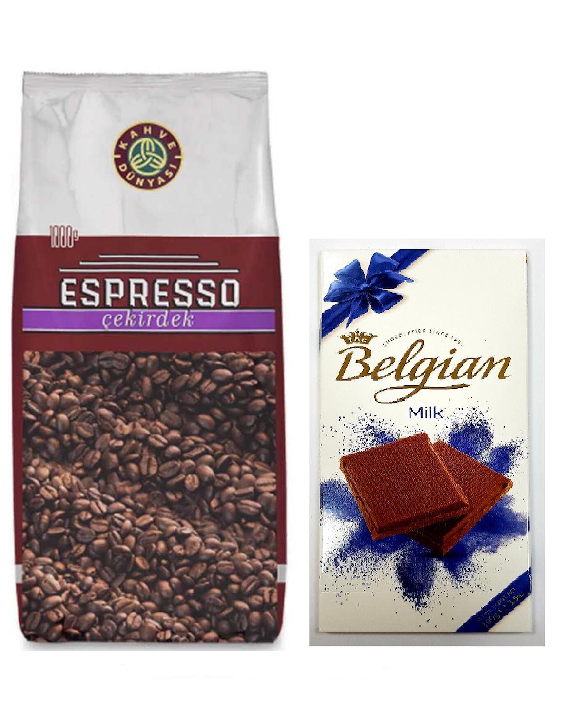 Kahve Dünyası Espresso Çekirdek 1 kg ve IKEA Belgian Milk Chocolate 100 gr