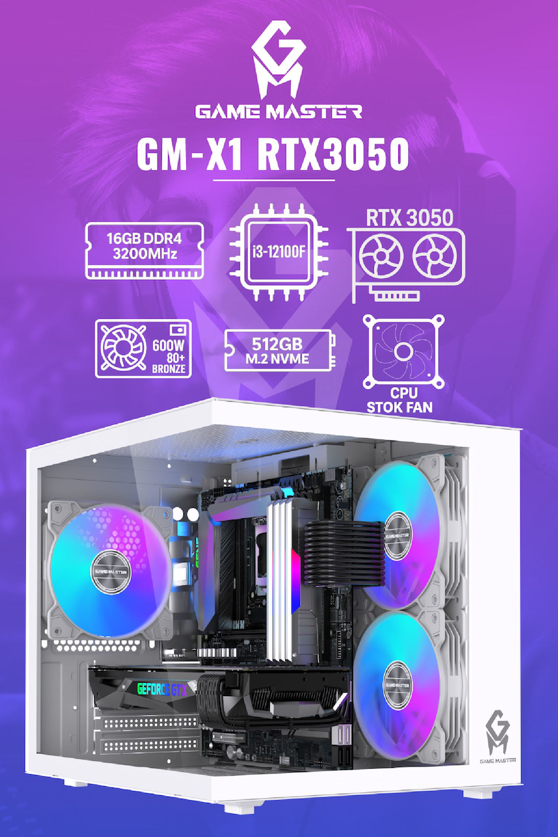 Game Master GM-X1 İntel i3-12100F 16GB Ram 512GB M.2 RTX3050 6GB 96 Bit Ekran Kartlı RGB Mini Akvaryum Beyaz Gaming Kasa