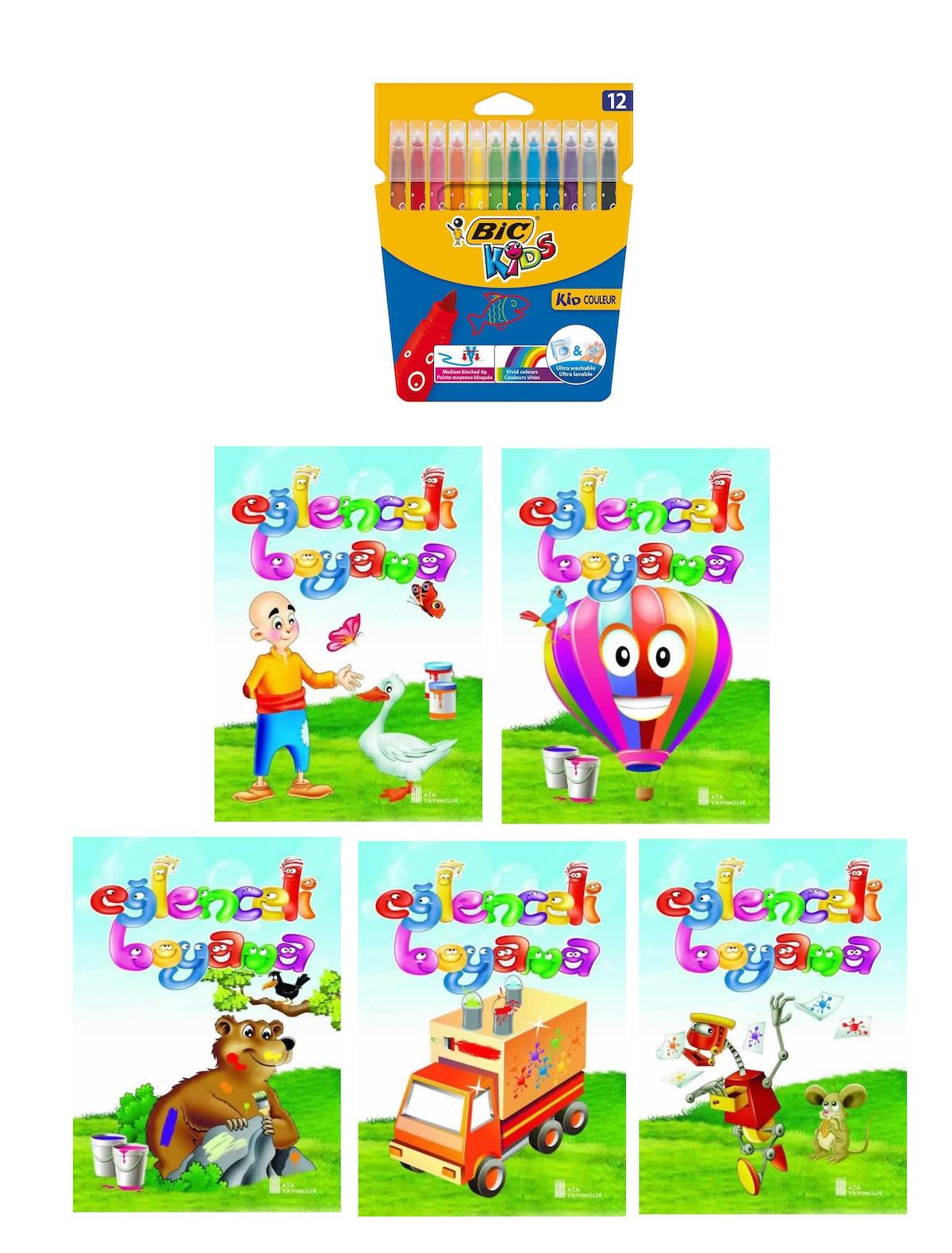 3-6 Yaş Eğlenceli Boyama Kitapları 5li +Bic Kids 12li Keçeli Boya