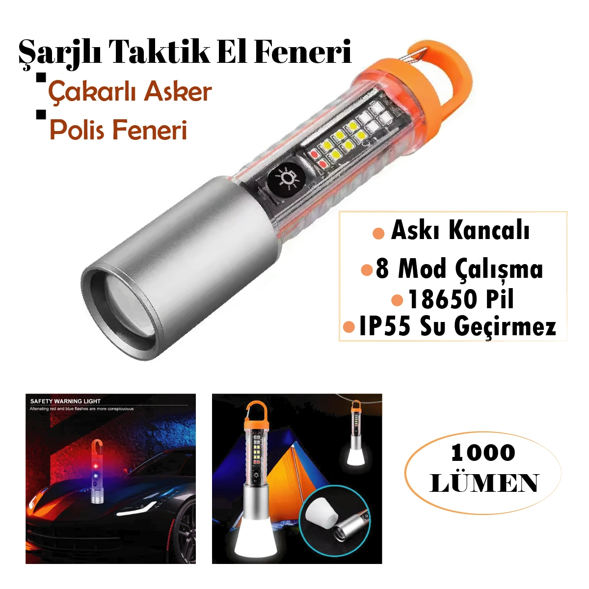 HS-2302 Şarjlı Taktik El Feneri, 1000 Lümen