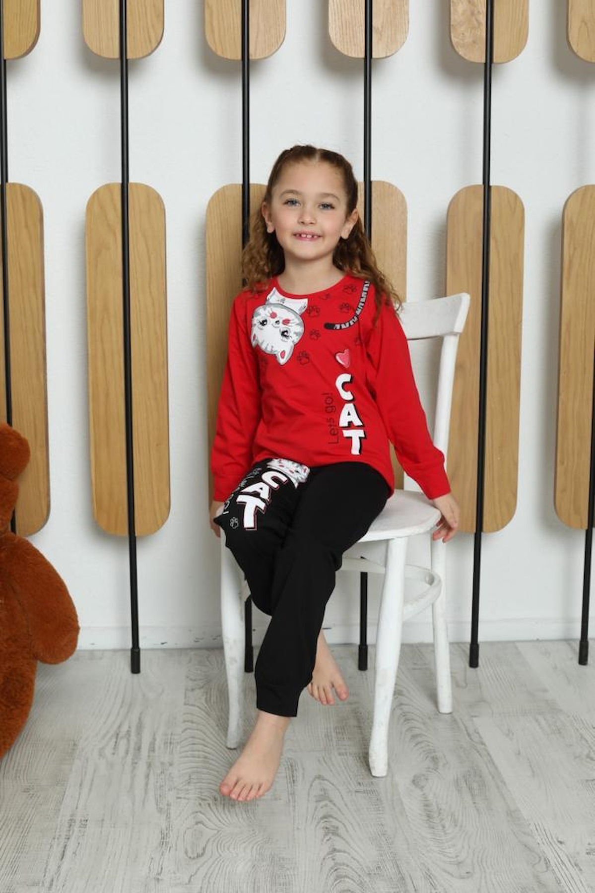 Kız Çocuk Kedi Baskılı Pijama Takımı 3-11 Yaş 6053-54