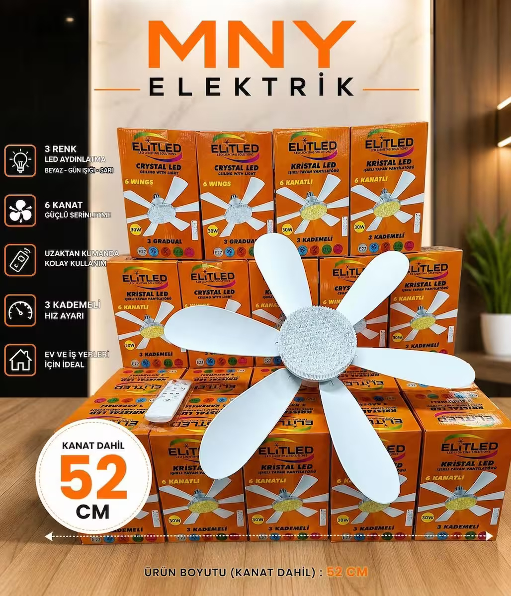 Sessiz 6 kanat KRİSTAL Tavan Vantilatörü Ledli Uzaktan Kumandalı sinek kovar özelligi 52cm