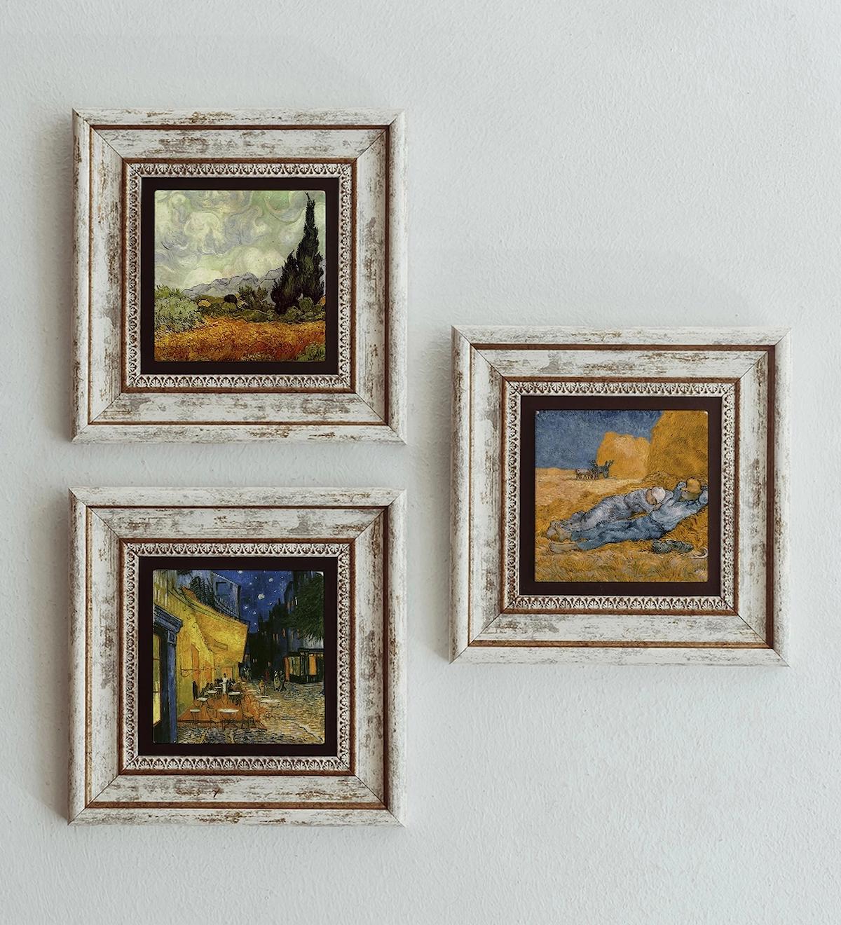 Vincent Van Gogh 3'lü Çerçeveli Taş Tablo , Çerçeveli Taş Duvar Dekoru