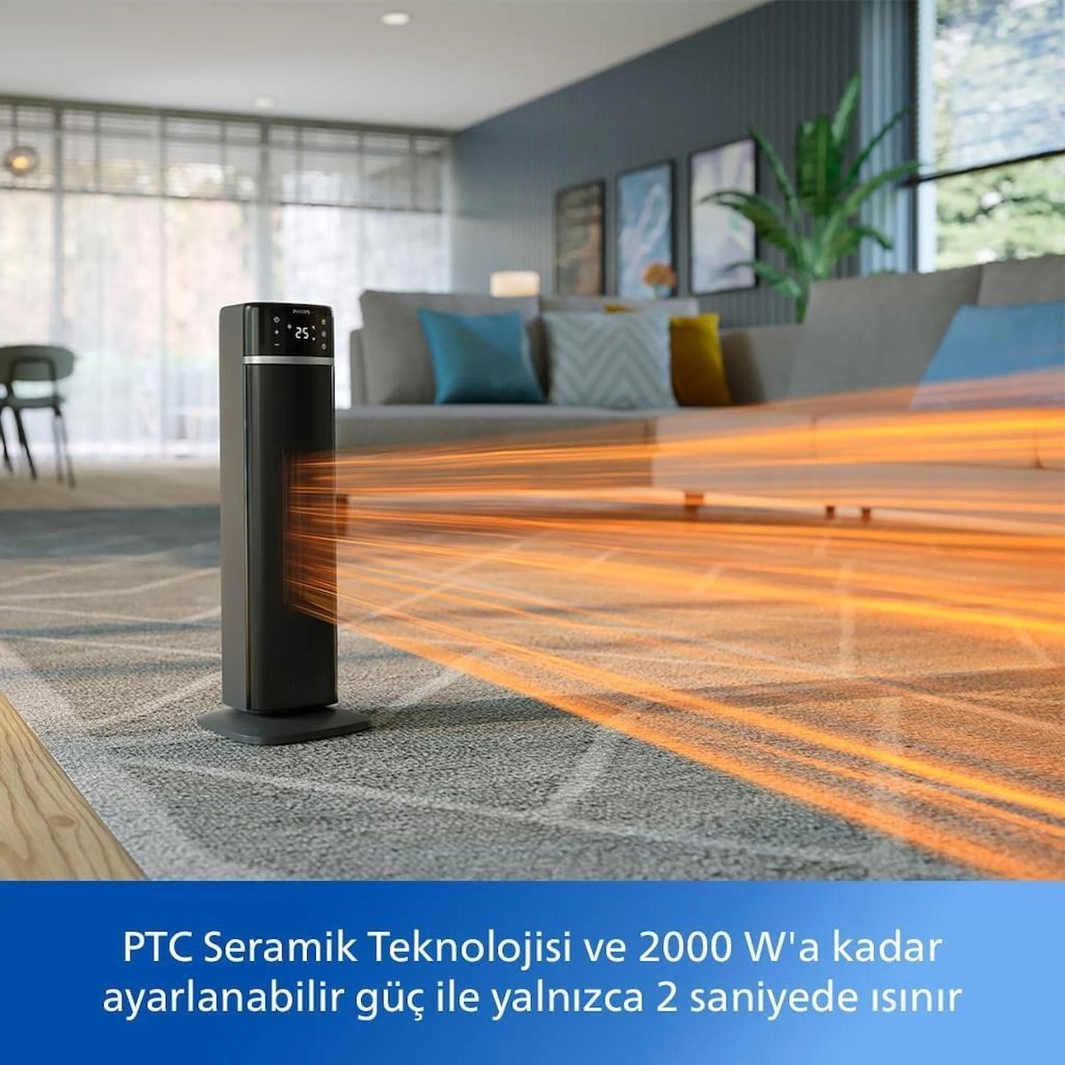 Kule Fan Isıtıcı, 2000W, sıcaklık ekranı, 60° salınım, sessiz