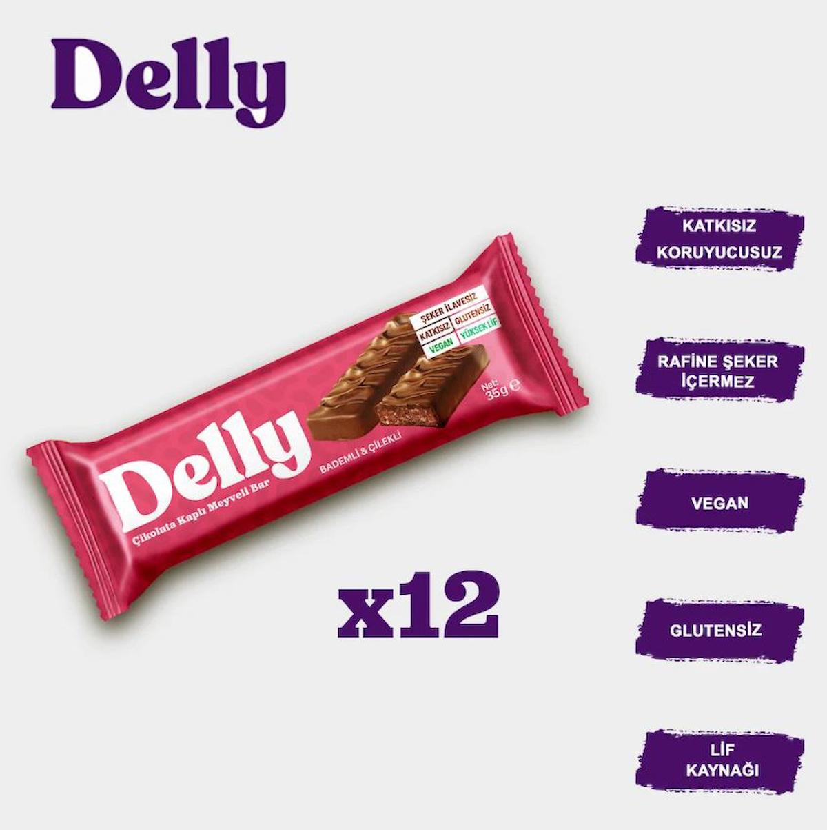 DELLY Çikolata Kaplı - Bademli & Çilekli Meyveli Bar 35g X 12 Adet