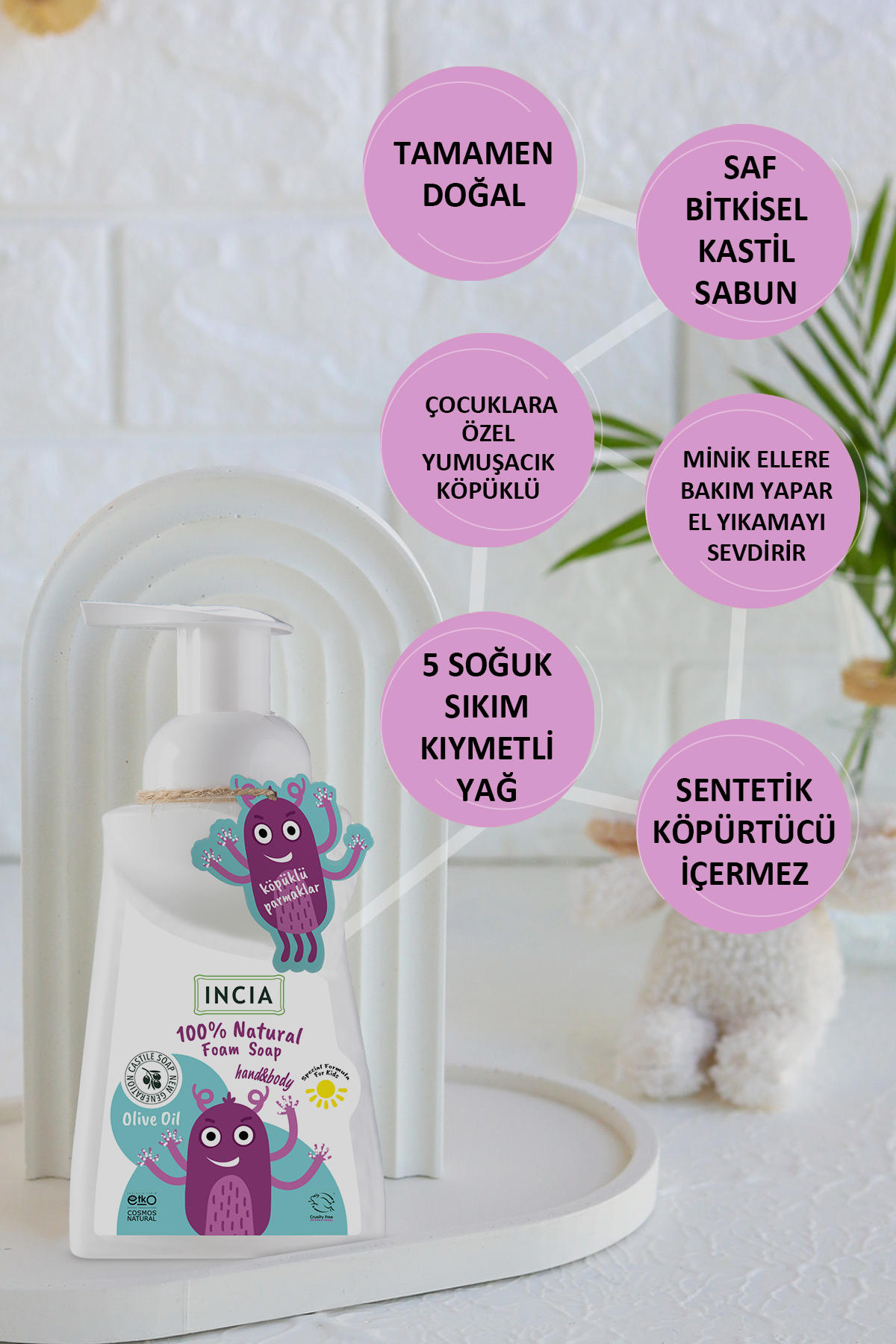 INCIA %100 Doğal Köpük Kastil Sabunu Çocuklar İçin Zeytinyağlı 10 Bitkisel Değerli Yağ Vegan 200 ml