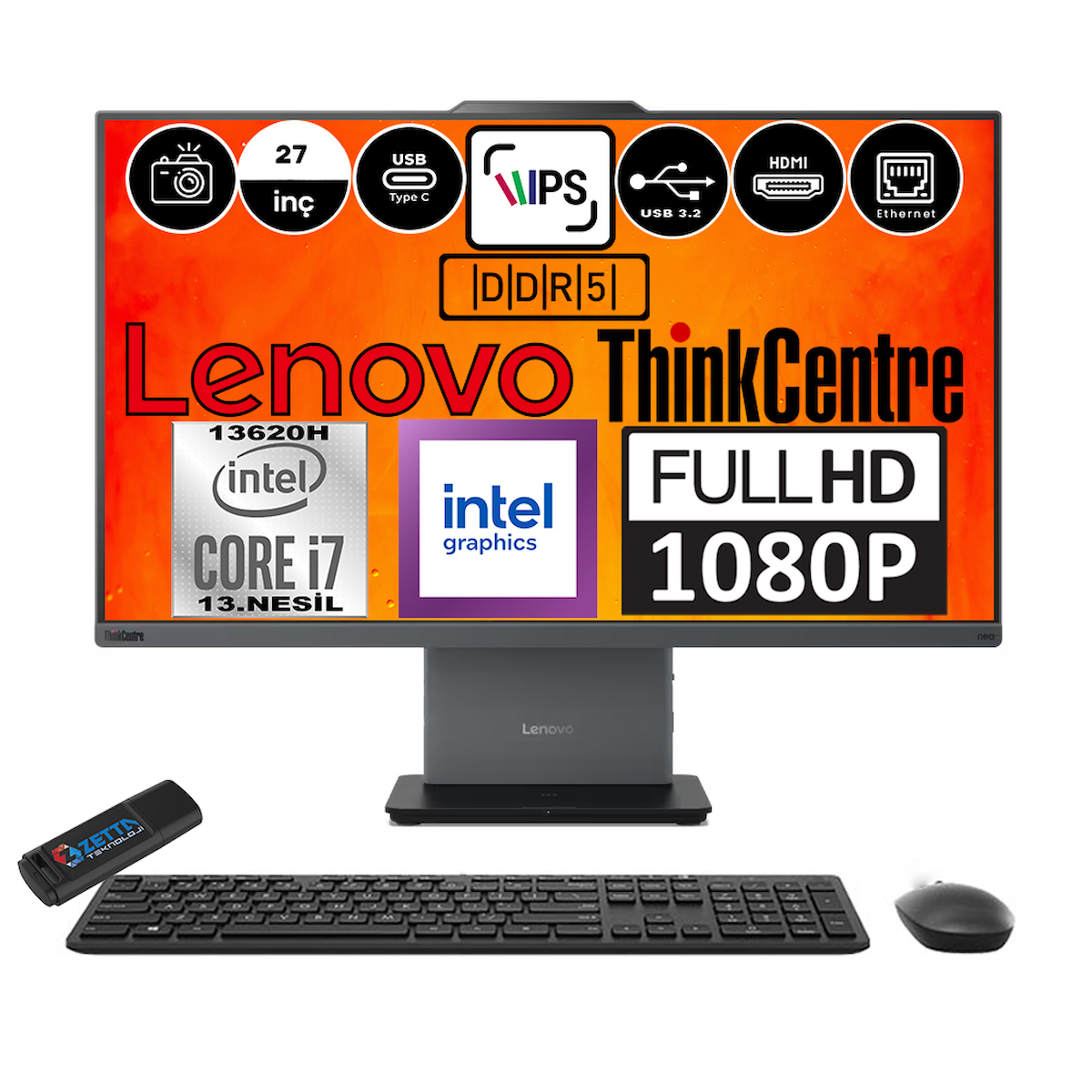 Lenovo Thinkcentre Neo 27 50A Gen5 Intel Core I7 13620H 64GB Ddr5 1tb SSD Windows 11 Pro Intel® UHD Graphics 27″ Fhd All In One Bilgisayar 12SA000RTRP13 + Zetta Flash Bellek