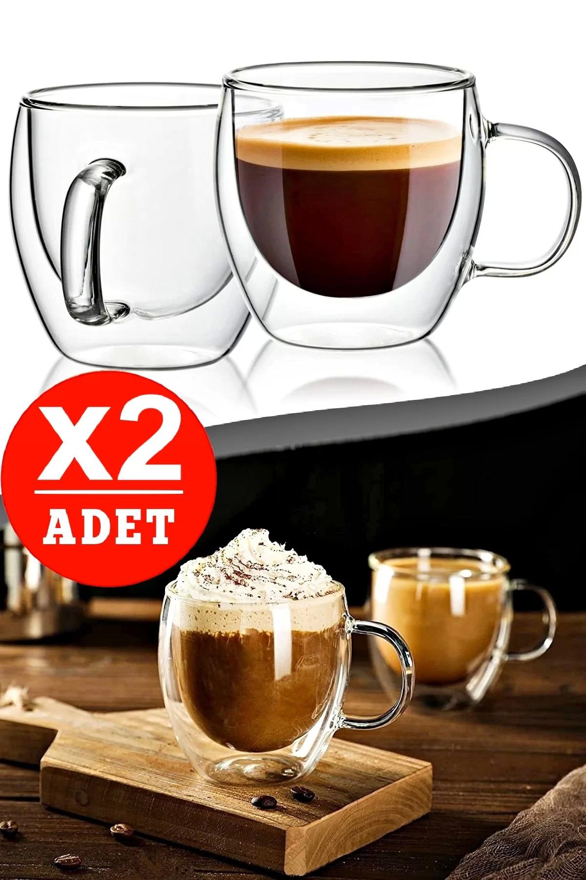 Çift Camlı Çift Cidarlı Cam Kupa 250 ml Ev Ofis Fincanı Çift Katlı Isı Yalıtımlı Kulplu Cam Bardak