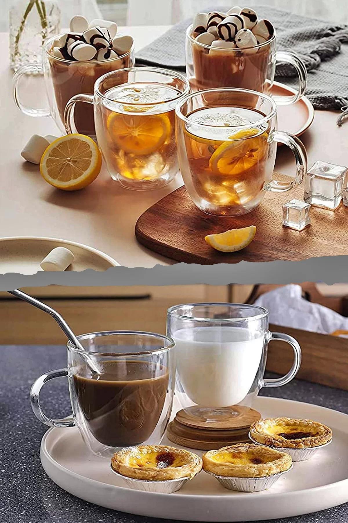 Çift Camlı Çift Cidarlı Cam Kupa 250 ml Ev Ofis Fincanı Çift Katlı Isı Yalıtımlı Kulplu Cam Bardak