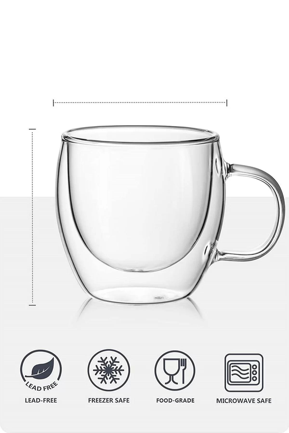 Çift Camlı Çift Cidarlı Cam Kupa 250 ml Ev Ofis Fincanı Çift Katlı Isı Yalıtımlı Kulplu Cam Bardak