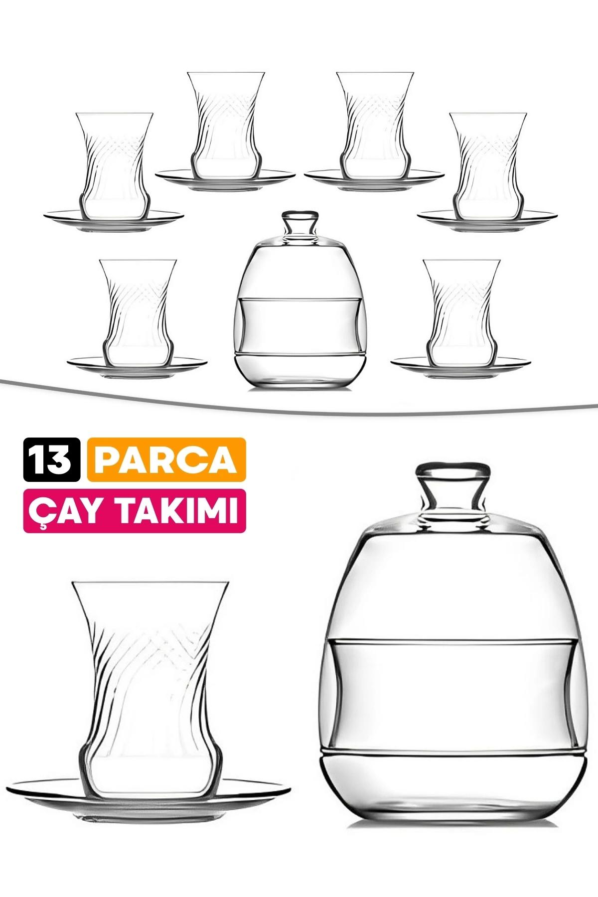 13 Parça Çay Takımı Desenli Cam Çay Bardağı Çay Tabağı Şeker Kabı Seti