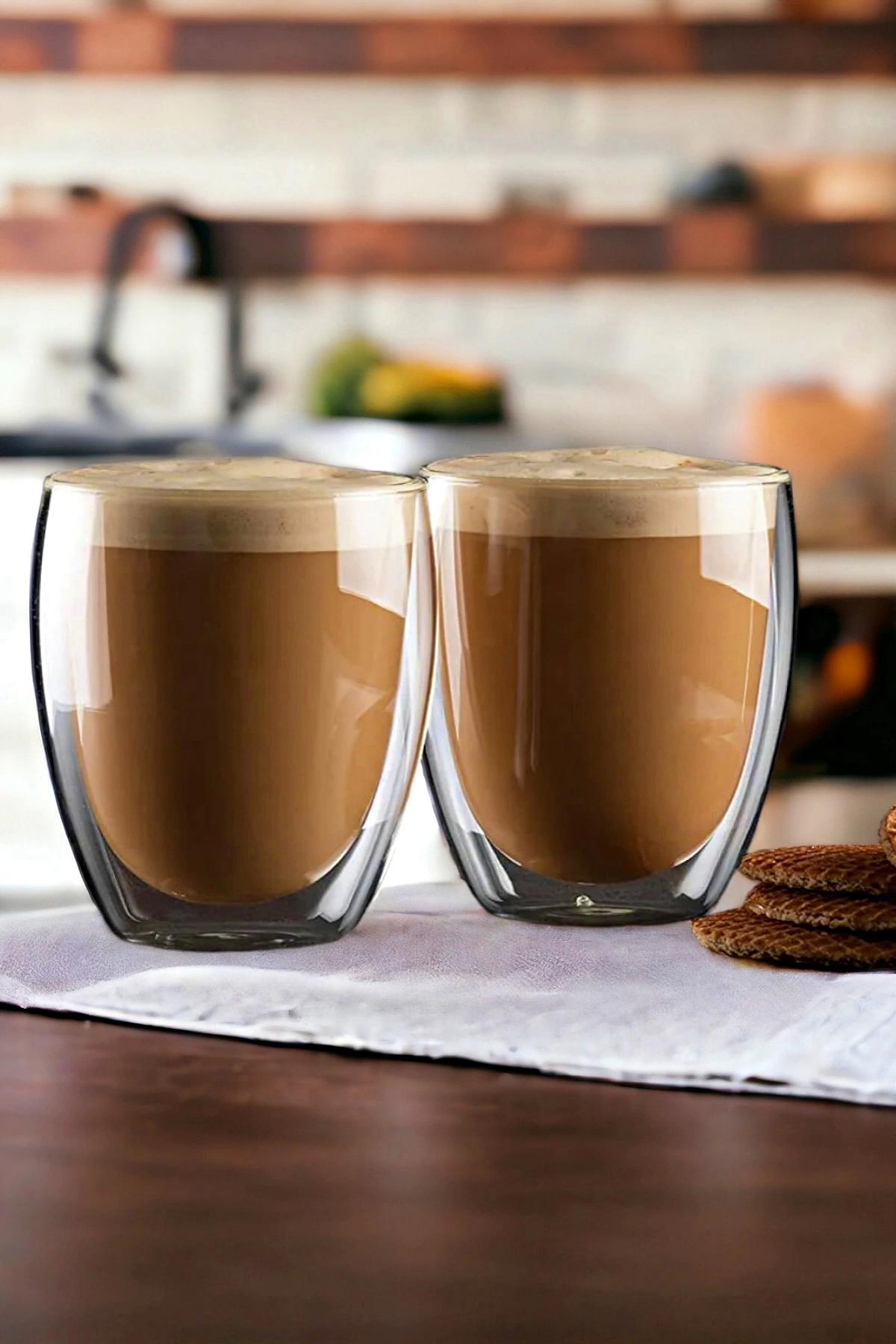 2li Çift Cidarlı Bardak 200 ml Ev Ofis Çay Fincanı Kahve Sunum Bardağı Dayanıklı Kupa Cam Bardak