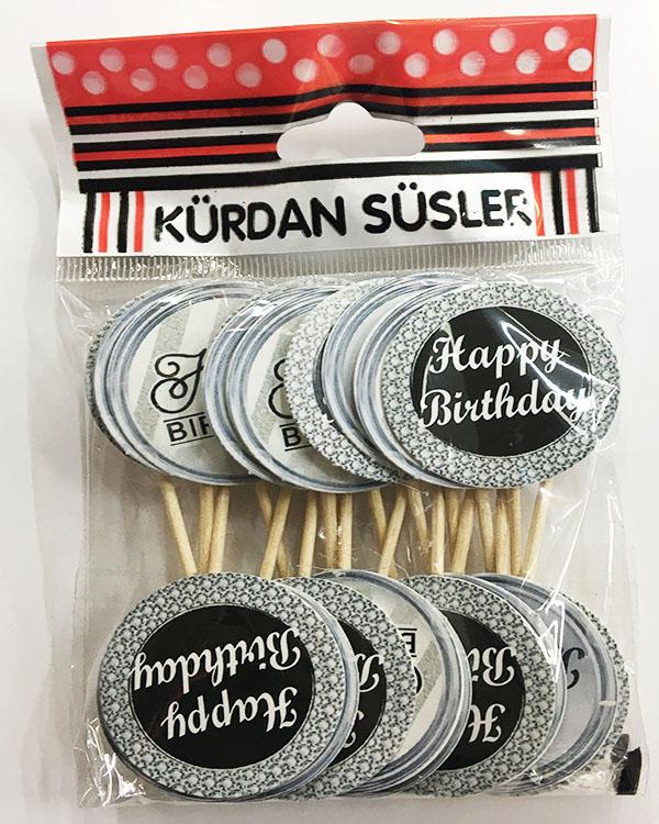 Parti Aksesuar Gümüş Siyah Happy Birthday Parti Kürdan Süsü 20 Adet