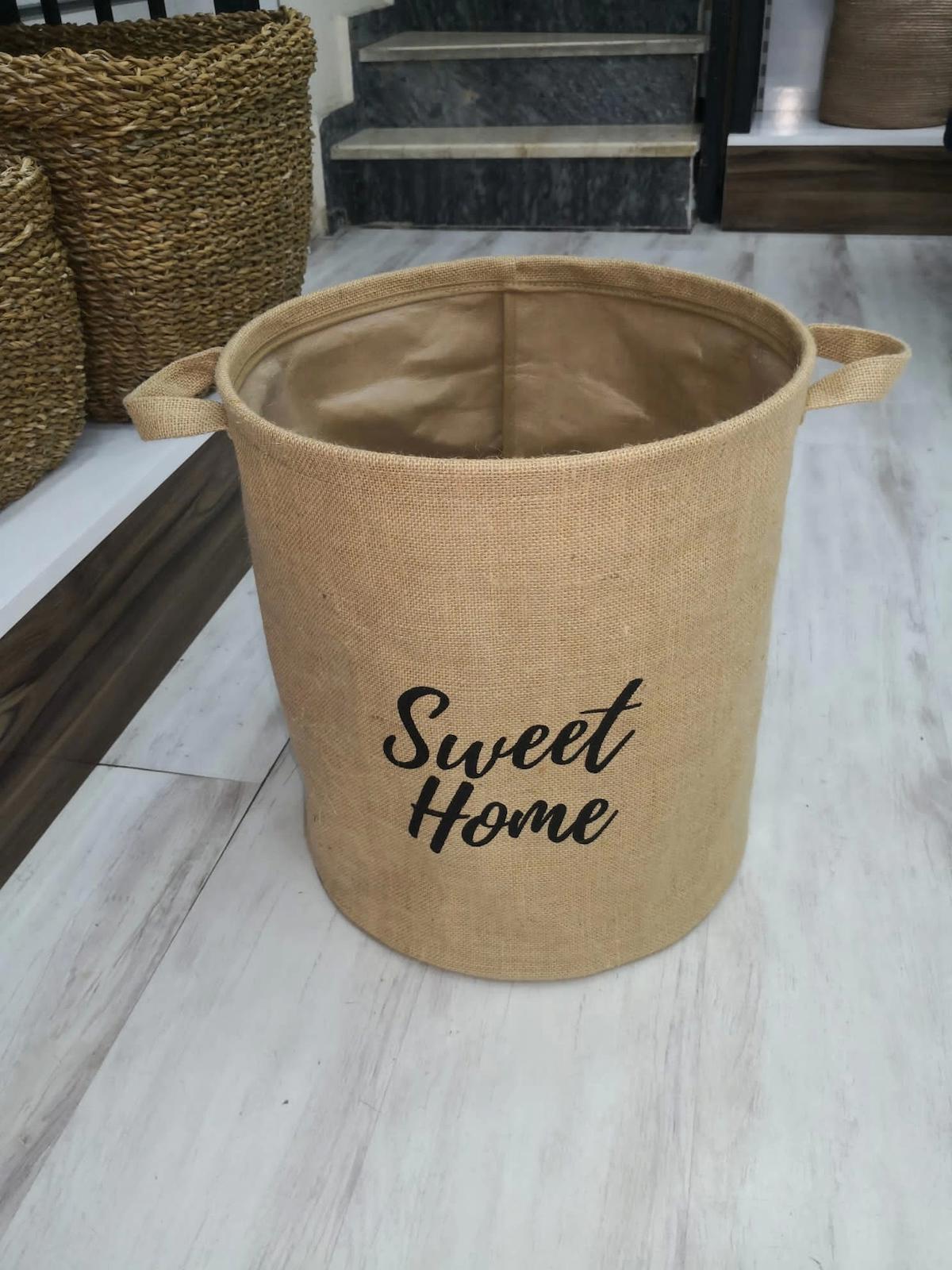 Dekoratif Kulplu Yuvarlak Sweet Home Sepet Düzenleyici 32x36cm