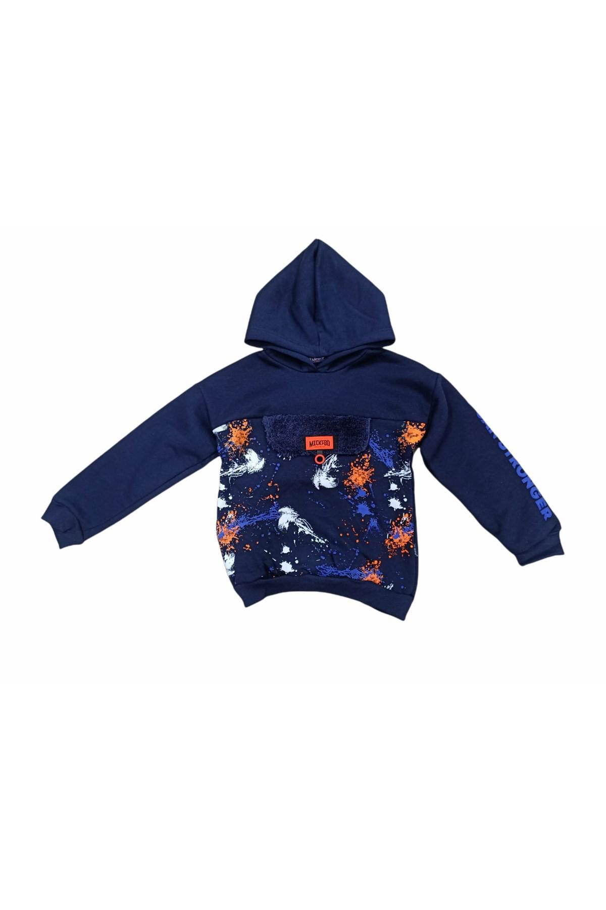 Erkek Çocuk Batik Desenli Kolları Yazılı Kapüşonlu Sweatshirt