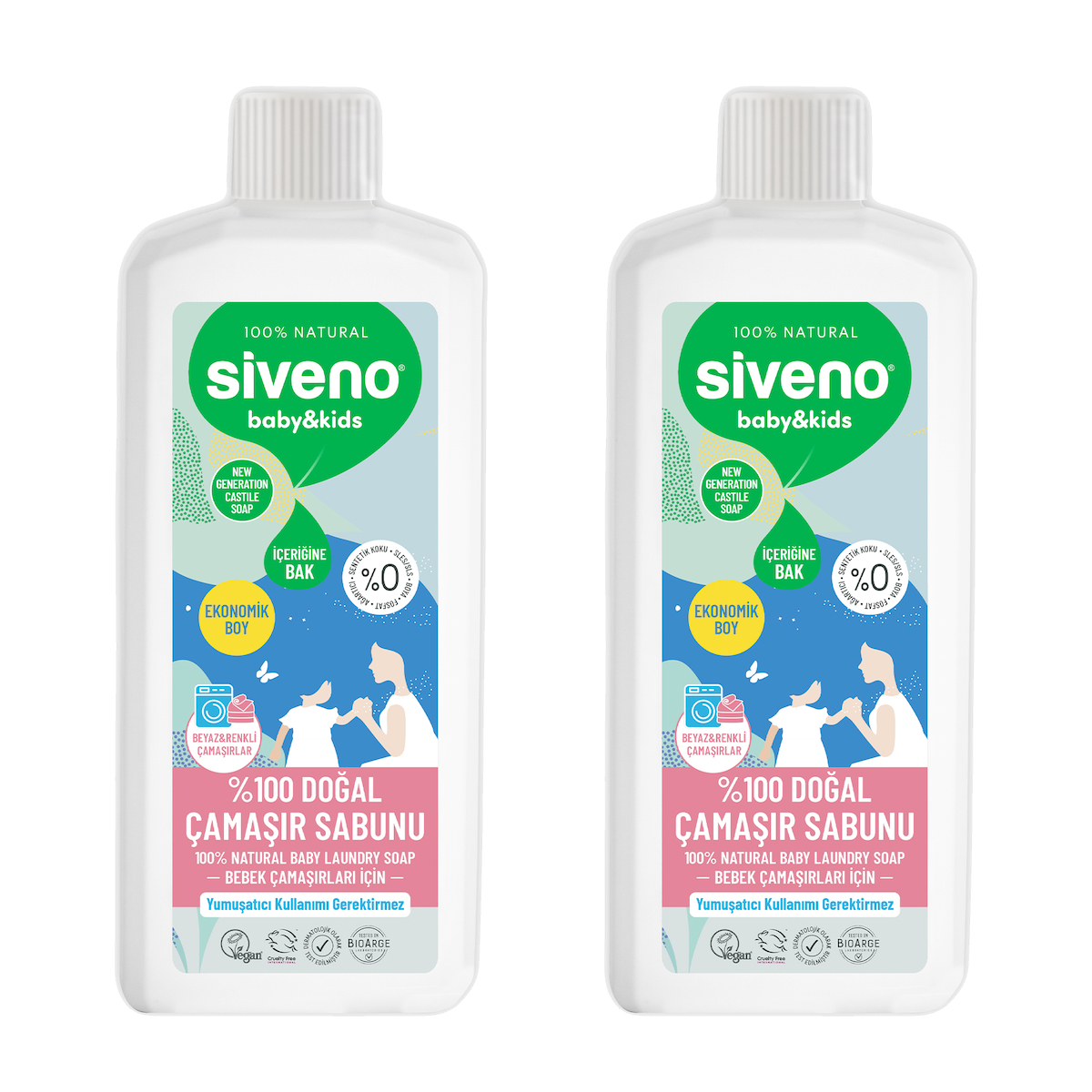 Siveno %100 Doğal Bebek Çamaşır Sabunu Kendinden Yumuşatıcılı Bitkisel Deterjan Konsantre Vegan 1000 ml X2 Adet