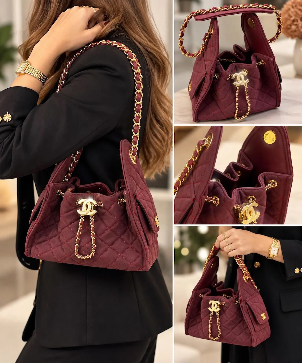 CHANEL BÜZGÜLÜ BORDO OMUZ ASKILI KADIN ŞIK ÇANTA 