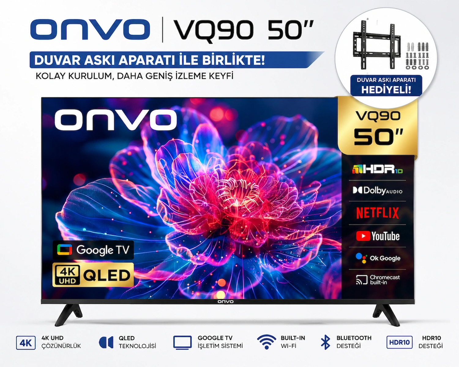 ONVO 50VQ90F3UA 50 127 Ekran Google TV QLED HDR10 Bluetooth Wi-Fi Duvar Askı Aparatı Dahil