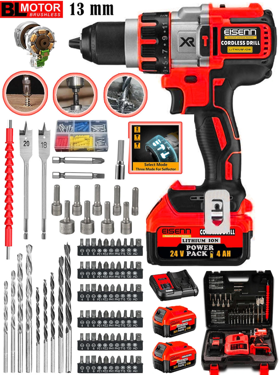 Eisenn Germany Red Xr Orginal 13 Mm Metal Mandren 24 V 4 Ah Bl Fırçasız Motor Akülü Darbeli Matkap 10 Pilli