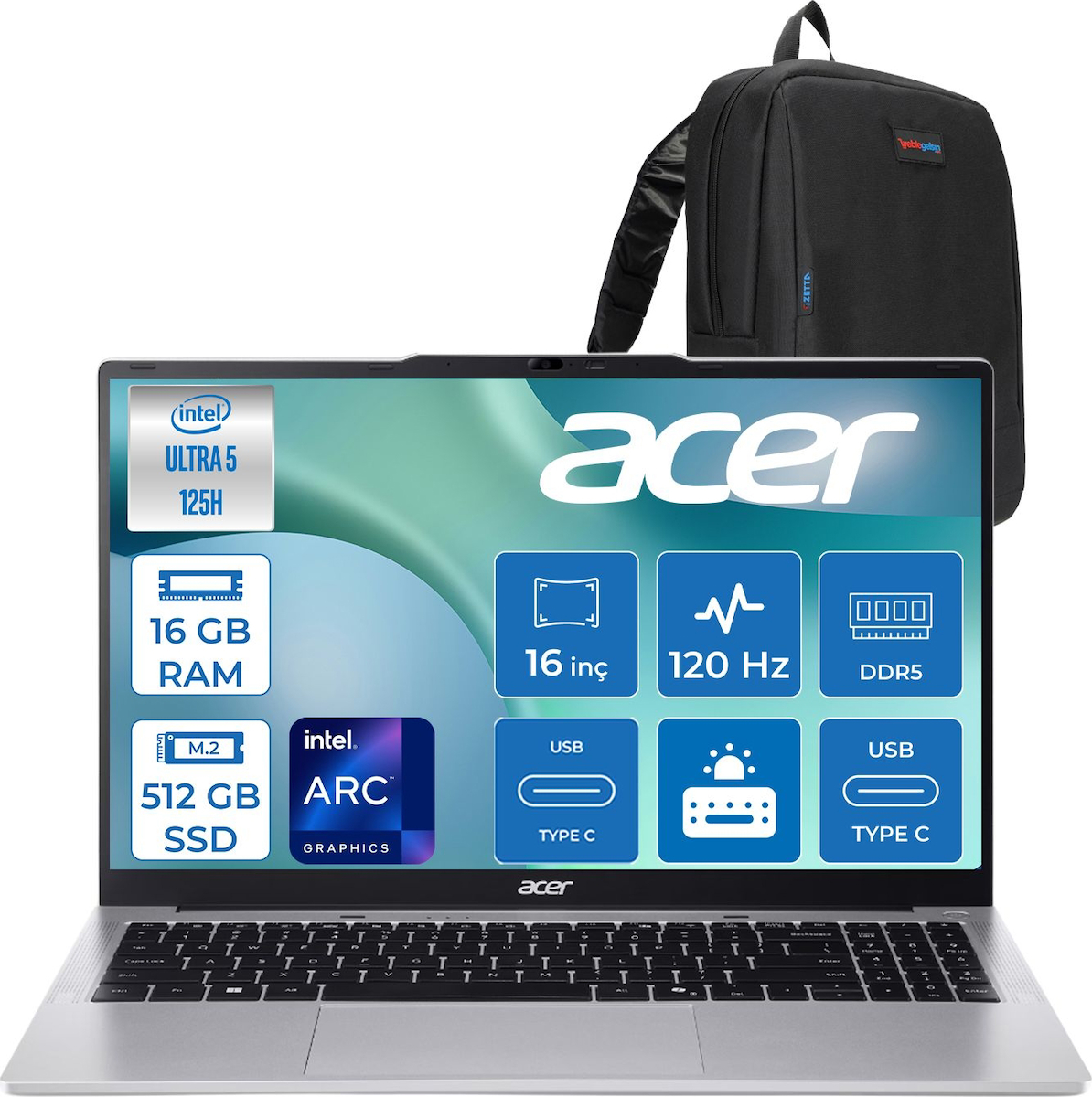 Acer Aspire Lite AL16-71P Intel Core Ultra 5 125H 4.5ghz 16GB Ddr5 512GB SSD Freedos Arc Graphics 16″ 120Hz IPS Fullhd+ (1920X1200) Taşınabilir Bilgisayar NXDCLEY001F02 + Zetta Çanta