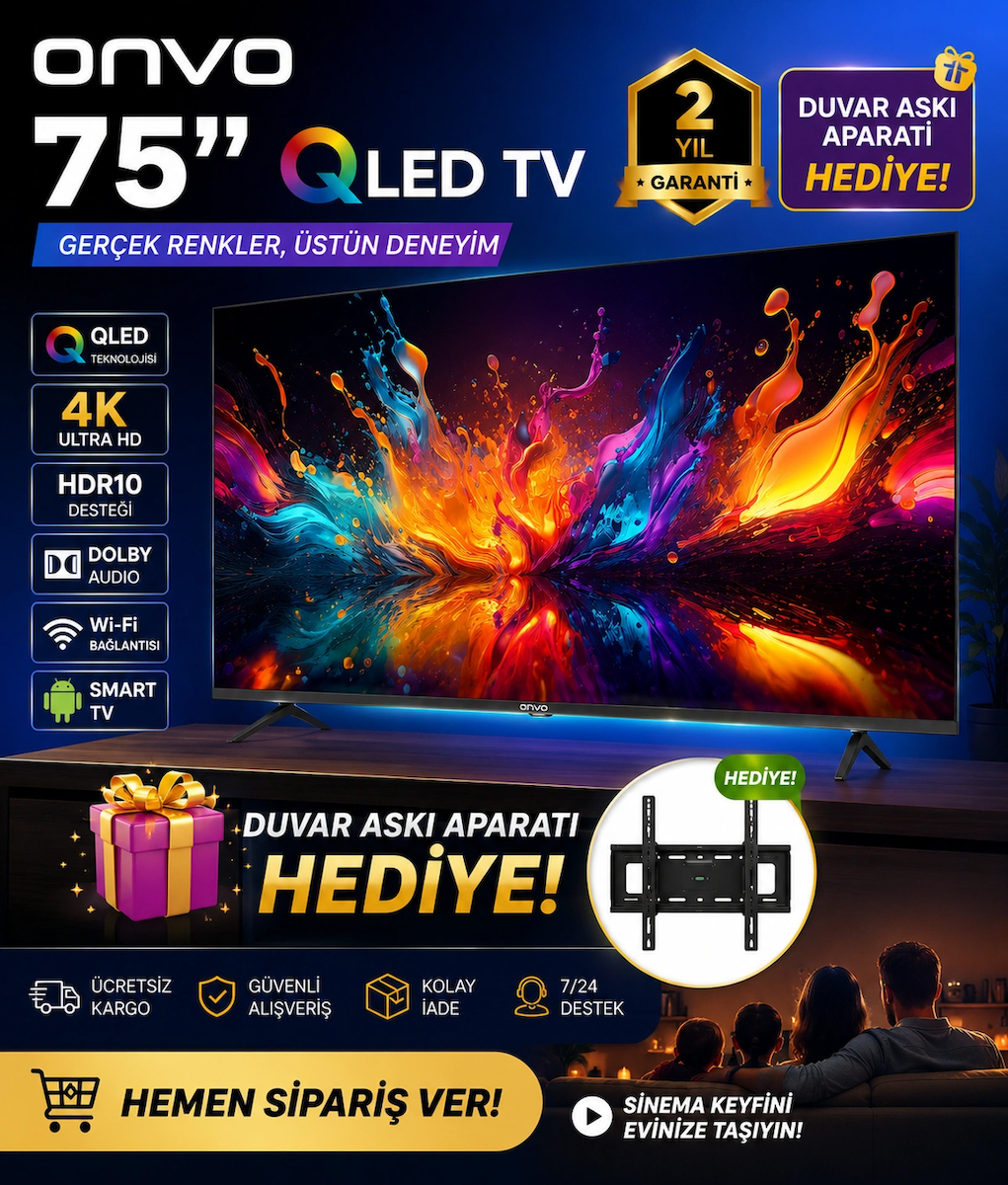 Onvo 75” 75VQ90F3UA QLED 4K Ultra Hd Smart Google Tv | HDR10 | Dolby Audio | Wi-Fi | Duvar Askı Aparatı Hediyeli