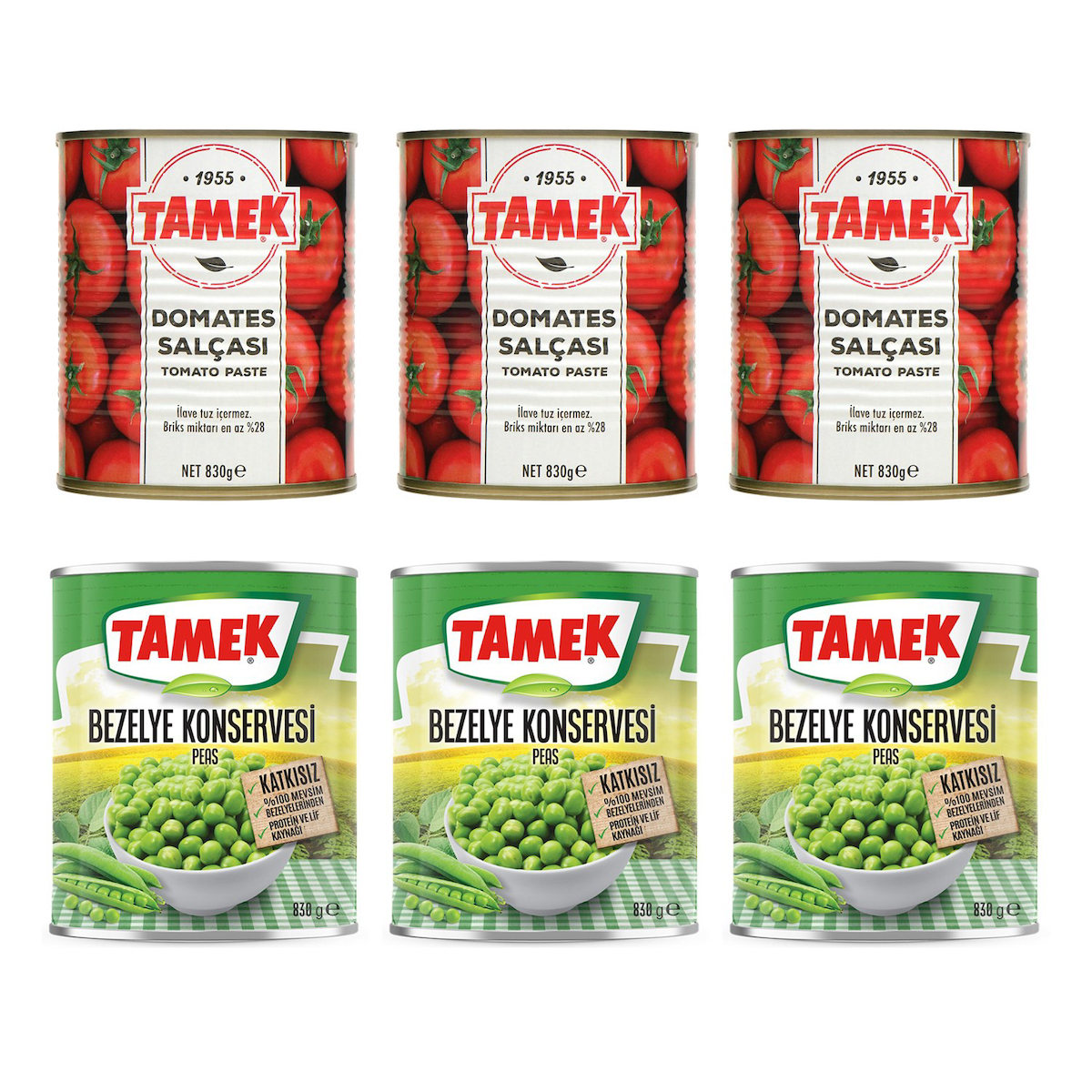 Tamek Domates Salçası 830 gr + Bezelye 830 gr 6 li Set 