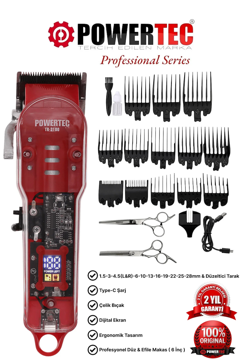 Powertec TR-3100 Profesyonel Şarjlı Saç Sakal Tıraş Makinesi ( Makas Hediyeli )