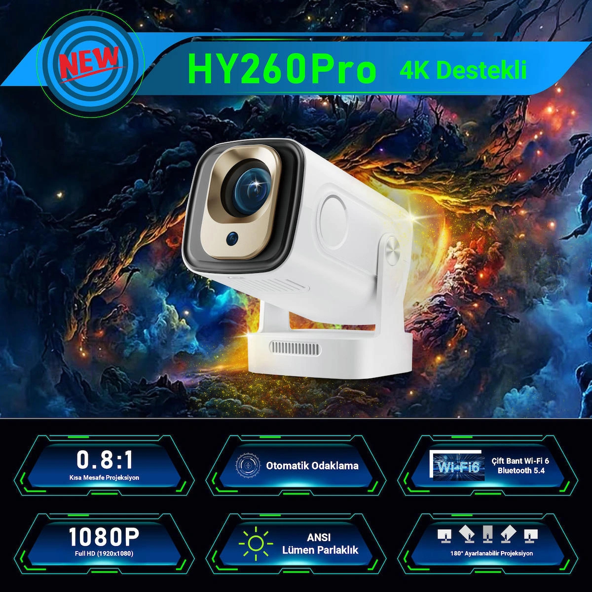 HY260 Pro Akıllı Projektör | 1080P Full HD | 4K Destekli | Android 11 | WiFi 6 & Bluetooth 5.4 | Otomatik Odaklama | 200 ANSI | Taşınabilir Ev Sinema Cihazı