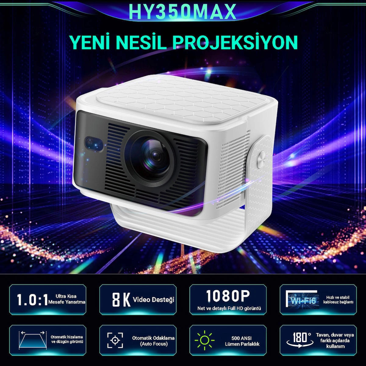 HY350MAX Android 14 Akıllı Projeksiyon Cihazı 1080P Full HD 500 ANSI Lümen WiFi 6 Bluetooth 5.4 Auto Focus Ultra Kısa Mesafe 4K/8K Destekli Mini Projeksiyon