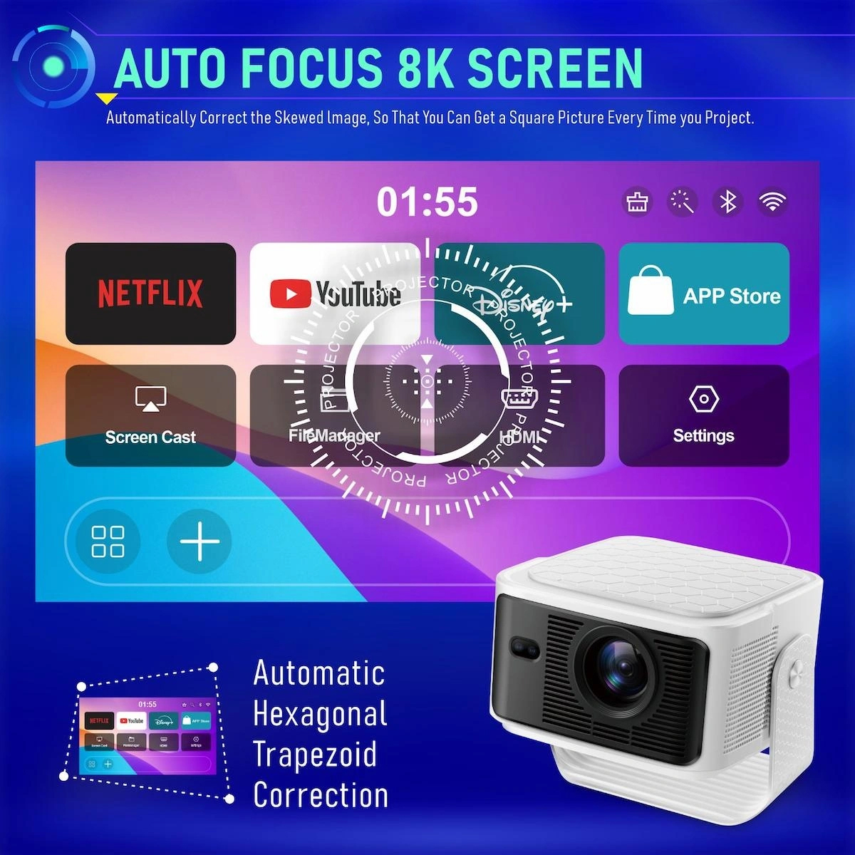 HY350MAX Android 14 Akıllı Projeksiyon Cihazı 1080P Full HD 500 ANSI Lümen WiFi 6 Bluetooth 5.4 Auto Focus Ultra Kısa Mesafe 4K/8K Destekli Mini Projeksiyon