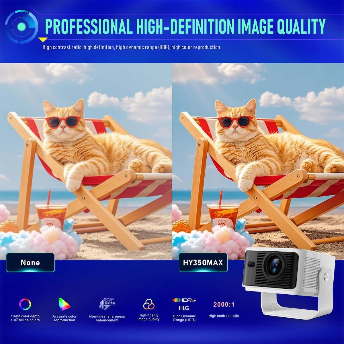 HY350MAX Android 14 Akıllı Projeksiyon Cihazı 1080P Full HD 500 ANSI Lümen WiFi 6 Bluetooth 5.4 Auto Focus Ultra Kısa Mesafe 4K/8K Destekli Mini Projeksiyon