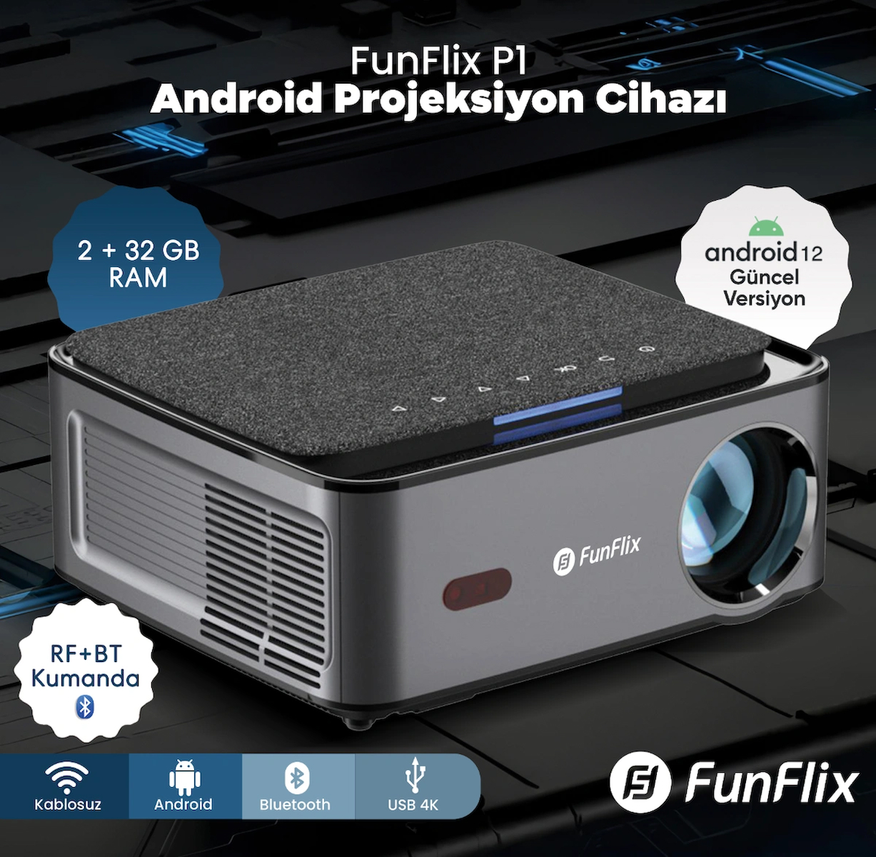 FunFlix P1A Android 12 4K Destekli 2 GB Ram Bluetooth Kumanda 5G Wi-Fi LED Full HD Projeksiyon Cihazı, 150W lamba, 300 inç görüntü