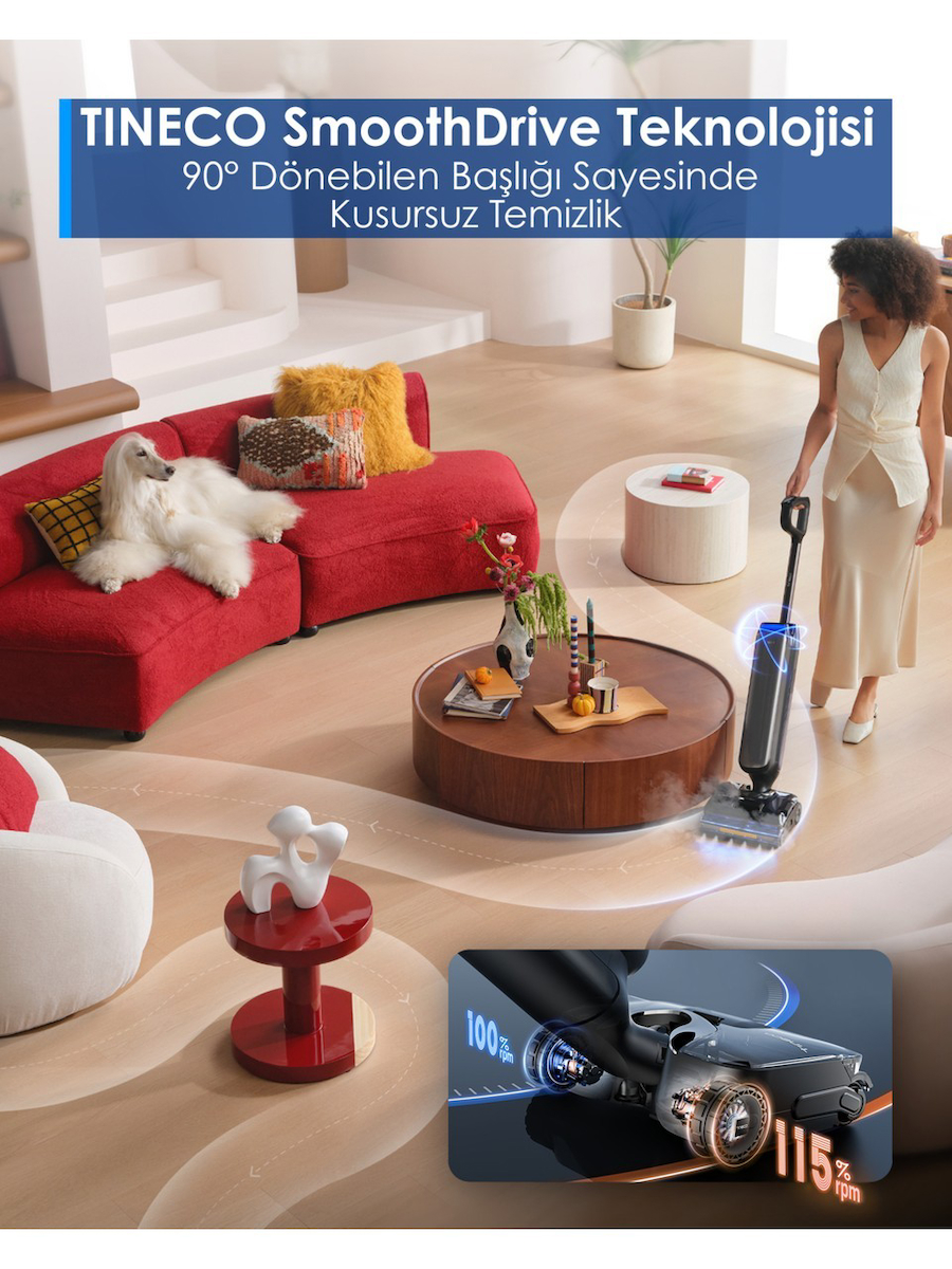 Tineco Floor One S9 Artist Steam Kablosuz Buharlı Akıllı Islak Kuru Süpürge, Zemin Temizleyici Paspas, 140°C Yüksek Isılı Hypersteam Buhar Teknolojisi, 22KPA Güçlü Emiş