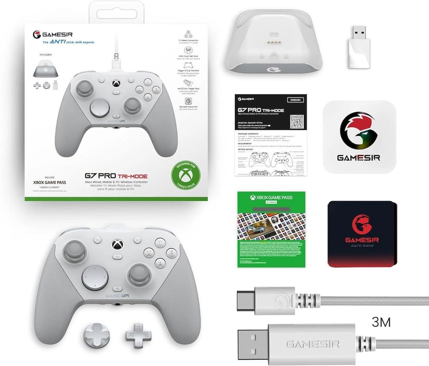 GameSir G7 Pro 3 Mod Kablolu TMR Sticks, Hall Effect Analog Controller Xbox Series X|S, Xbox One, Android ve Windows Beyaz