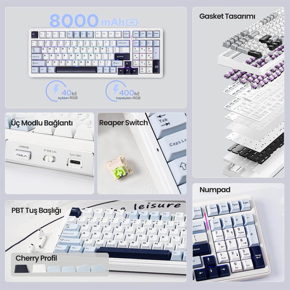 Aula F99 3 Modlu RGB Hot Swap Mekanik Reaper Switch Kablosuz Makrolu Klavye Lacivert
