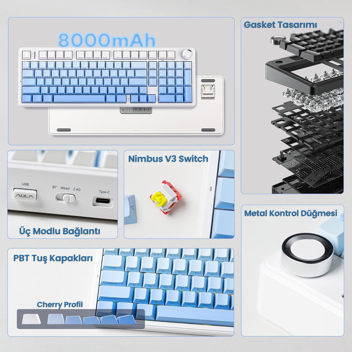 Aula F99 Pro 3 Modlu RGB Hot Swap Mekanik Nimbus V3 Switch Kablosuz Makrolu Klavye Gradyan Mavi