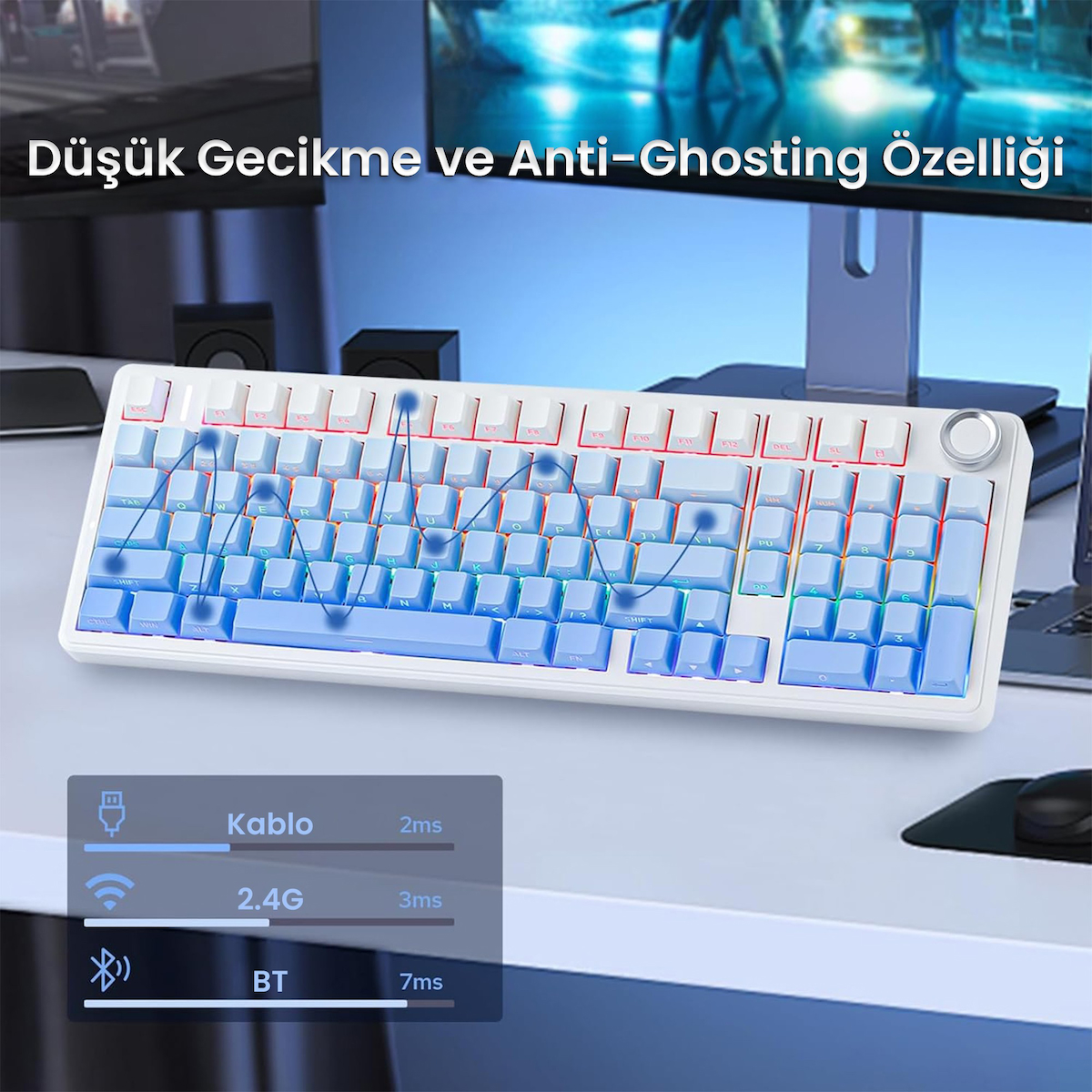 Aula F99 Pro 3 Modlu RGB Hot Swap Mekanik Nimbus V3 Switch Kablosuz Makrolu Klavye Gradyan Mavi