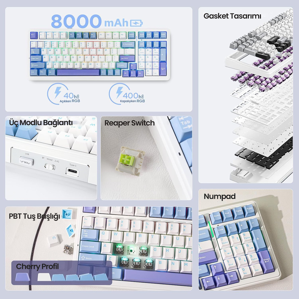 Aula F99 3 Modlu RGB Hot Swap Mekanik Reaper Switch Kablosuz Makrolu Klavye Mavi