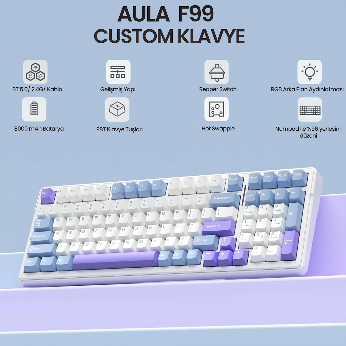 Aula F99 3 Modlu RGB Hot Swap Mekanik Reaper Switch Kablosuz Makrolu Klavye Mavi