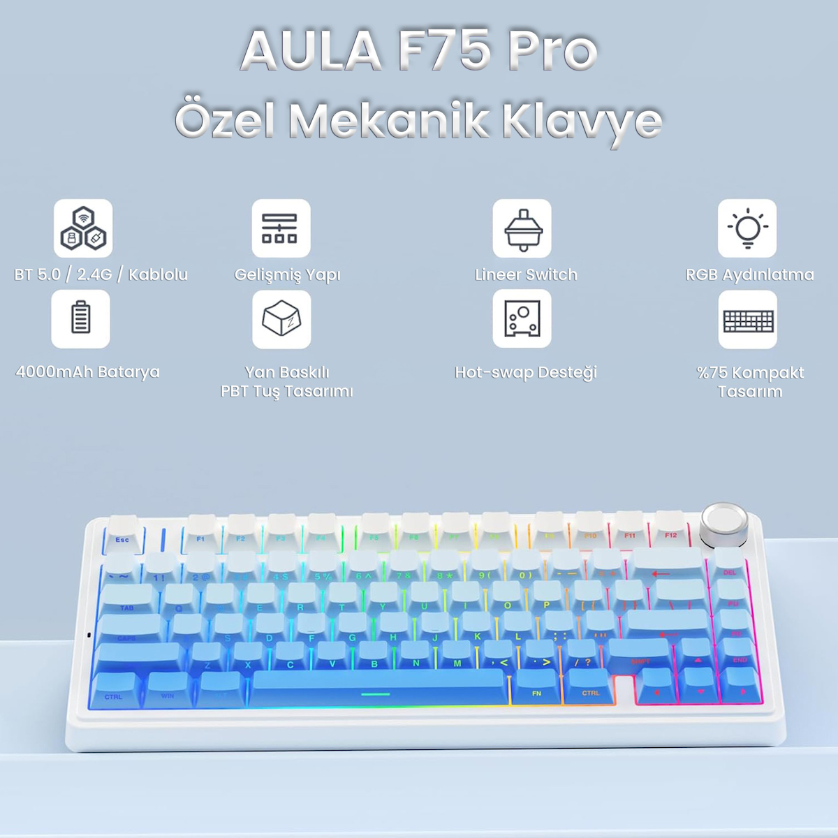 Aula F75 Mekanik RGB TKL Seiya Switch Kablosuz Makrolu Hot Swap Klavye Gradyan Mavi
