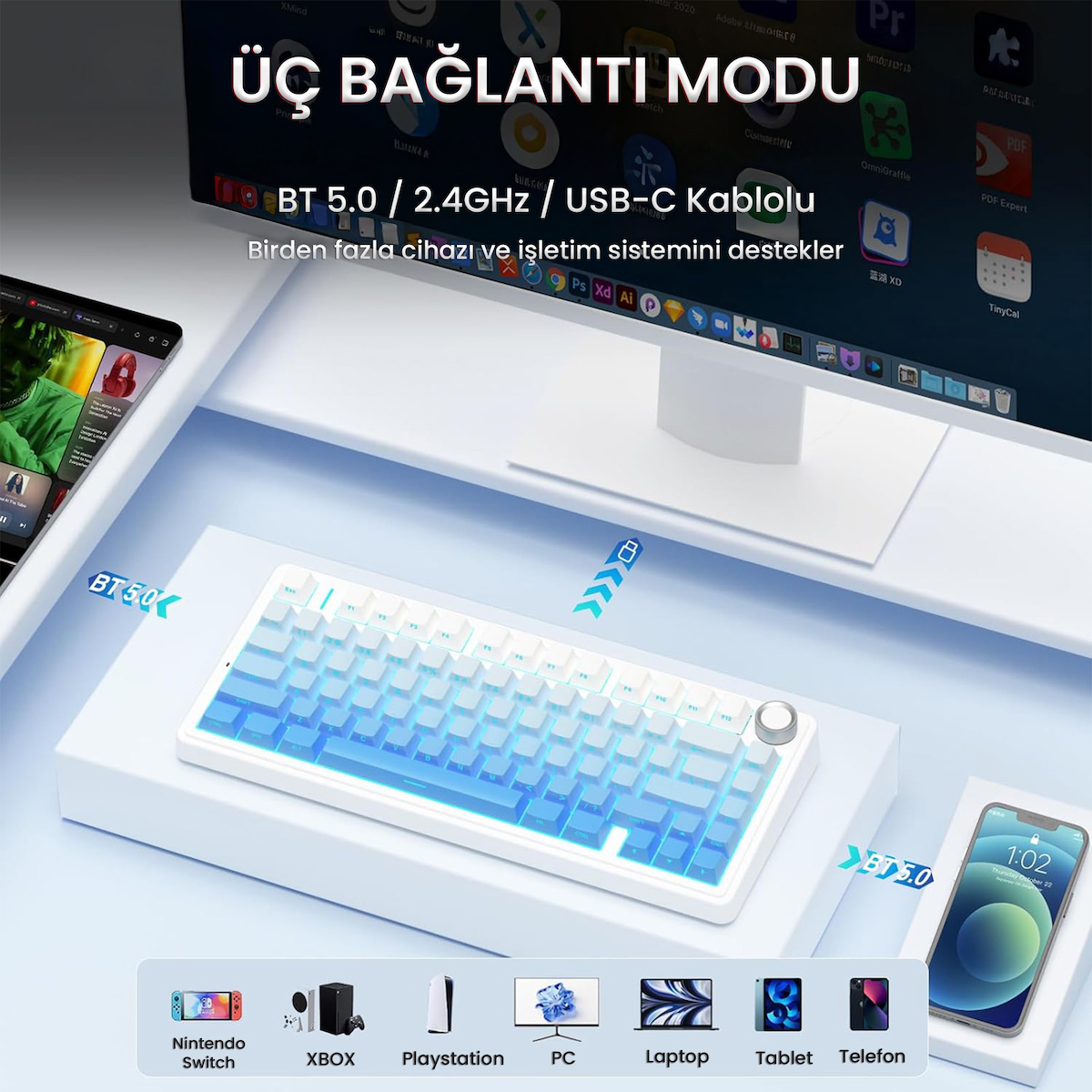 Aula F75 Mekanik RGB TKL Seiya Switch Kablosuz Makrolu Hot Swap Klavye Gradyan Mavi