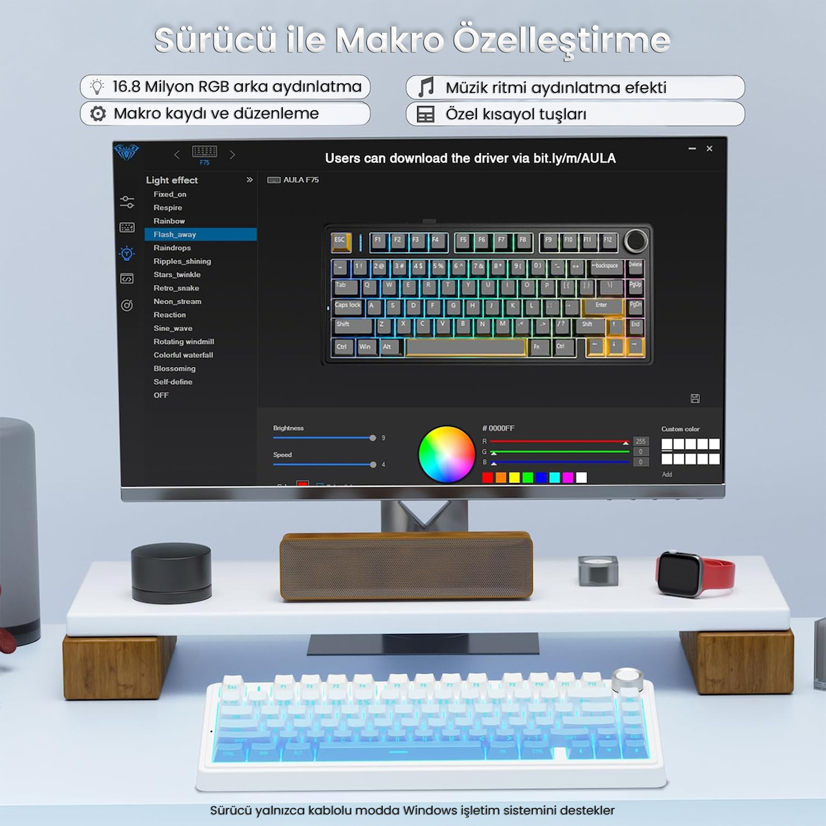 Aula F75 Mekanik RGB TKL Seiya Switch Kablosuz Makrolu Hot Swap Klavye Gradyan Mavi
