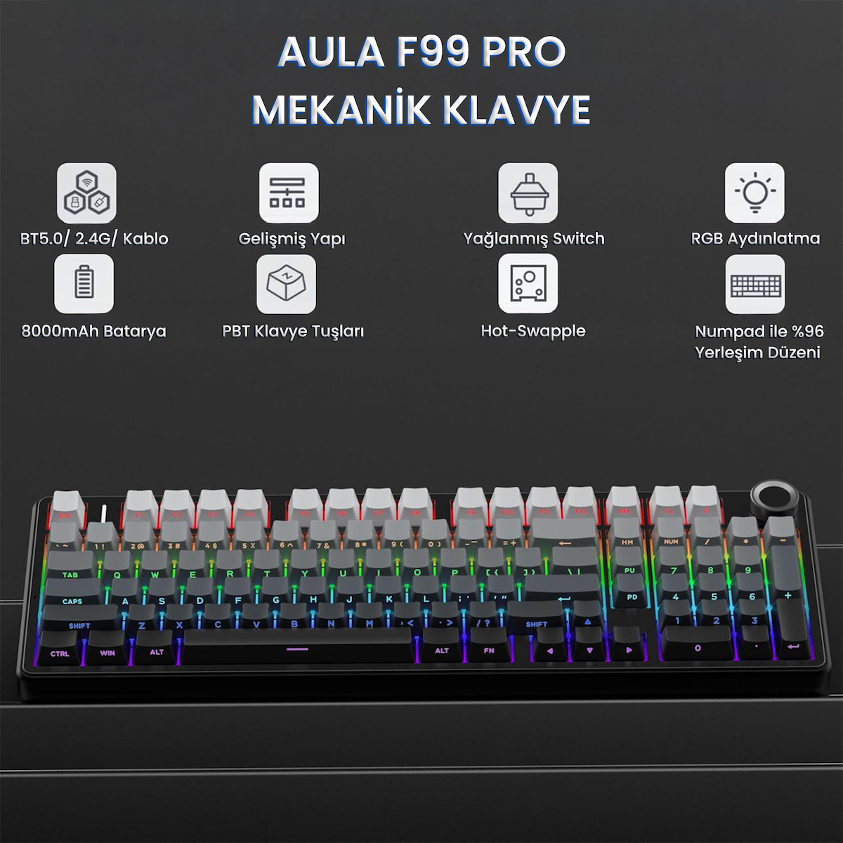 Aula F99 Pro 3 Modlu RGB Hot Swap Mekanik Nimbus V3 Switch Kablosuz Makrolu Klavye Gradyan Gri
