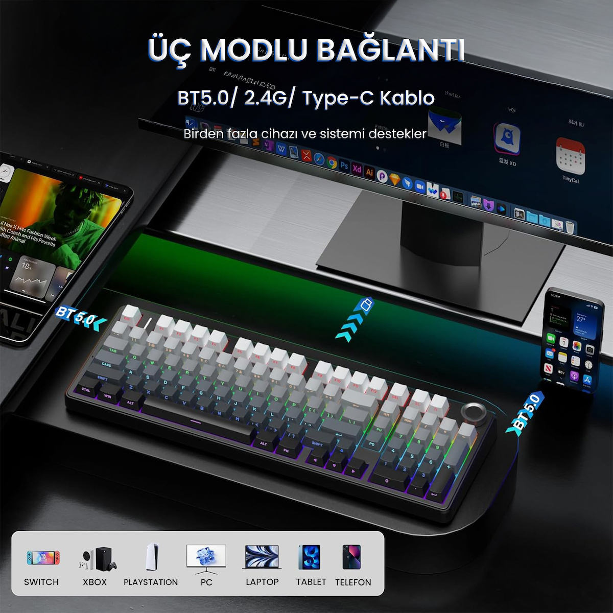 Aula F99 Pro 3 Modlu RGB Hot Swap Mekanik Nimbus V3 Switch Kablosuz Makrolu Klavye Gradyan Gri