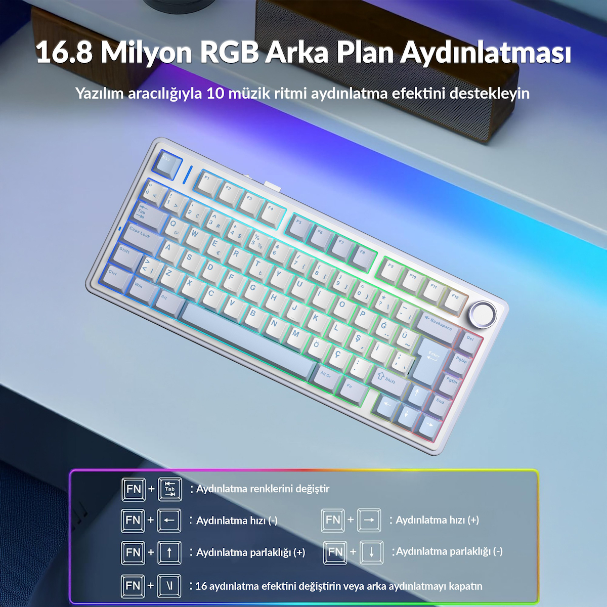 Aula F75 Mekanik RGB TKL GrayWood V4 Switch Kablosuz Makrolu Hot Swap Türkçe Q Klavye Buz Mavisi