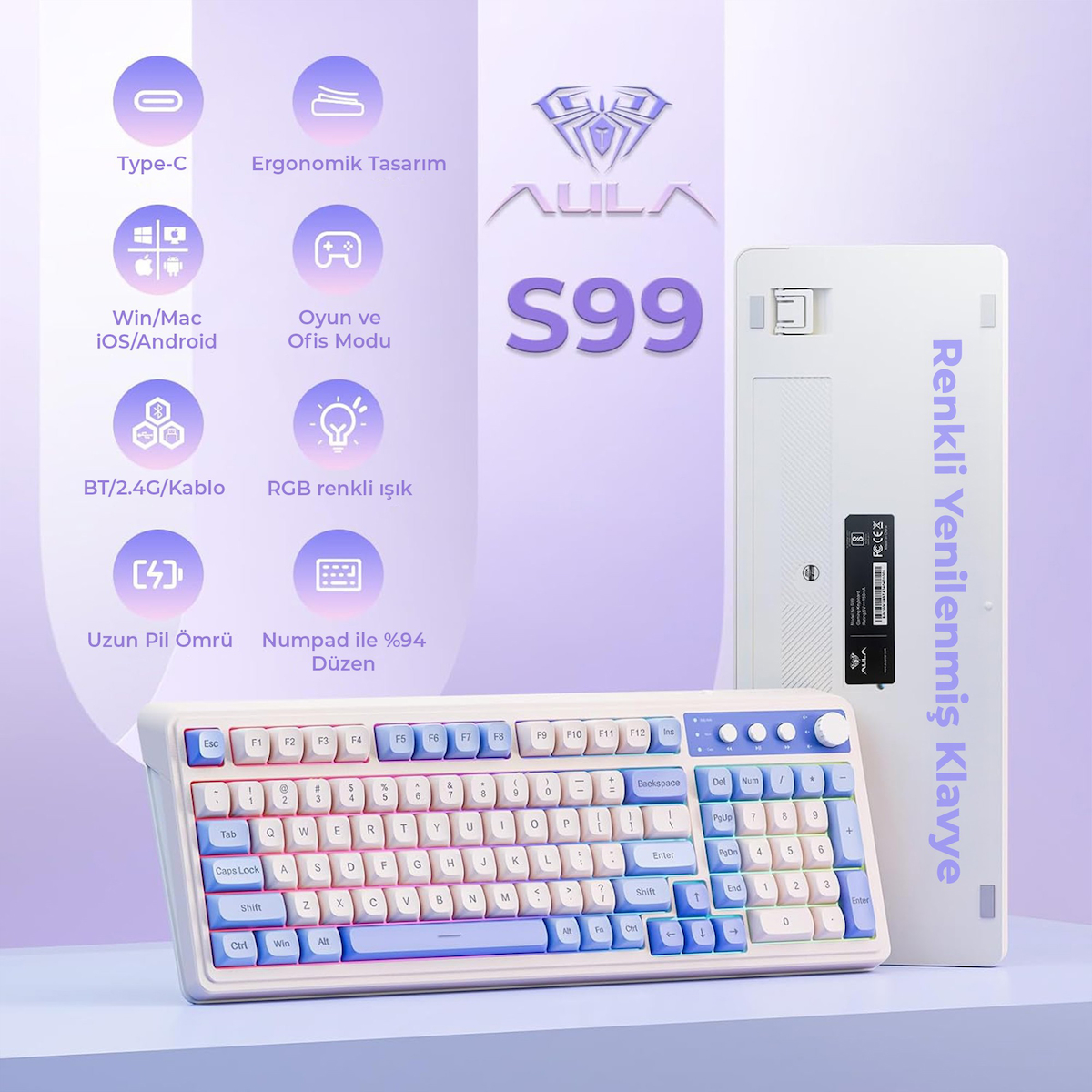 Aula S99 Retro RGB Gaming 3 Modlu Bluetooth/2.4GHz/USB-C Kablosuz Makrolu Türkçe Q Klavye Mavi