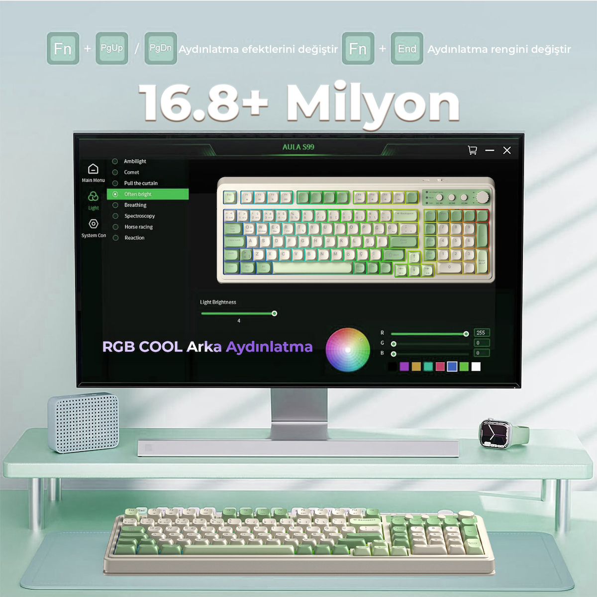 Aula S99 Retro RGB Gaming 3 Modlu Bluetooth/2.4GHz/USB-C Kablosuz Makrolu Türkçe Q Klavye Yeşil