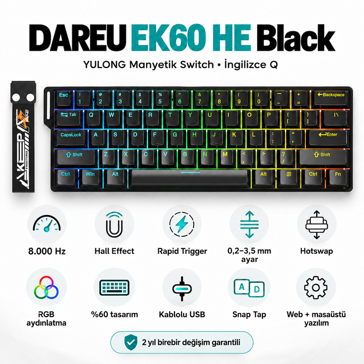 DAREU EK60 HE Black YULONG Manyetik Switch 8K Hz Hall Effect Hotswap RGB İngilizce Mekanik Gaming Klavye